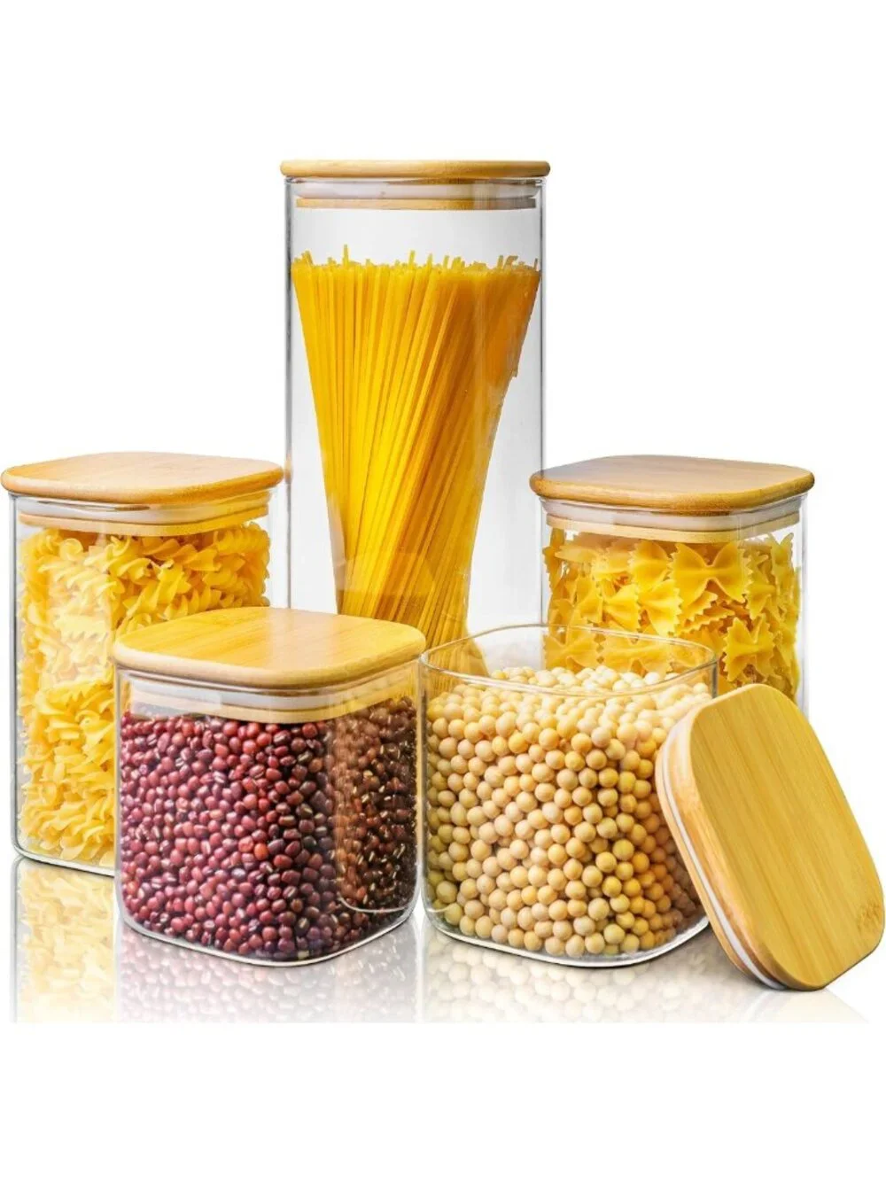 5 Pack Airtight Square Glass Storage Jars with Bamboo Lids for Kitchen